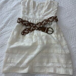 White Lace Dress with Brown Woven Belt